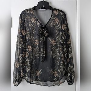 Tart Floral Semi-Sheer Long Sleeve Blouse Top with Neck Tie Black Cream Medium
